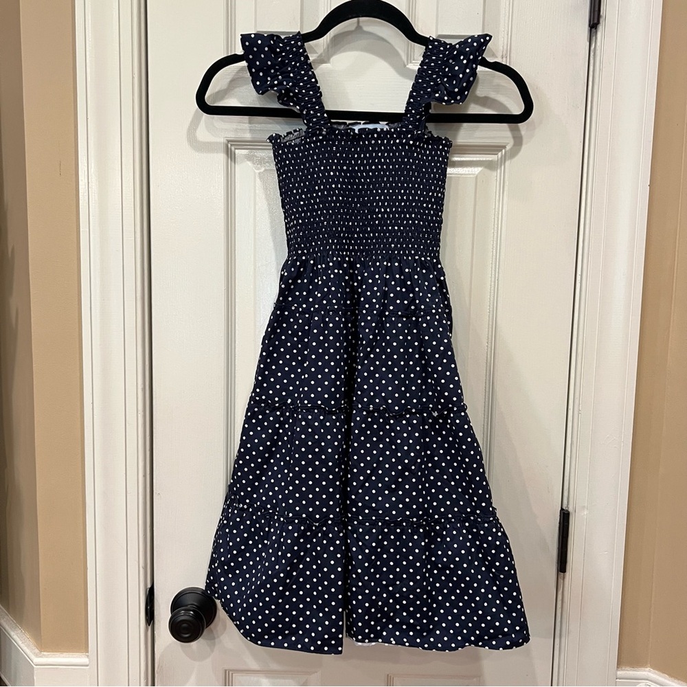 Hill House Tiny Ellie Nap Dress White Navy Blue Polka Dots Girls 9/10 Smocked